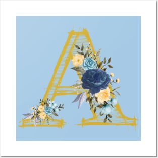 Monogram Letter A In Metallic Gold With Aesthetic Blue Flowers Botany And Tranquil Blue Background Pantone Color Posters and Art